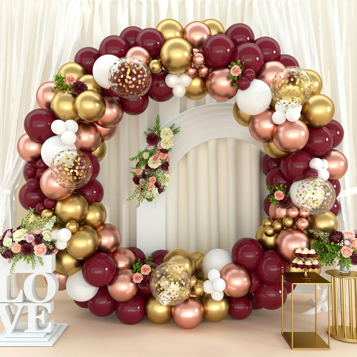 1Set Burgundy Wine Red Balloons Garland Kit Ruby Red Balloon Arch Gold Chrome Balloons Valentines Day Decor Wedding Party Decor