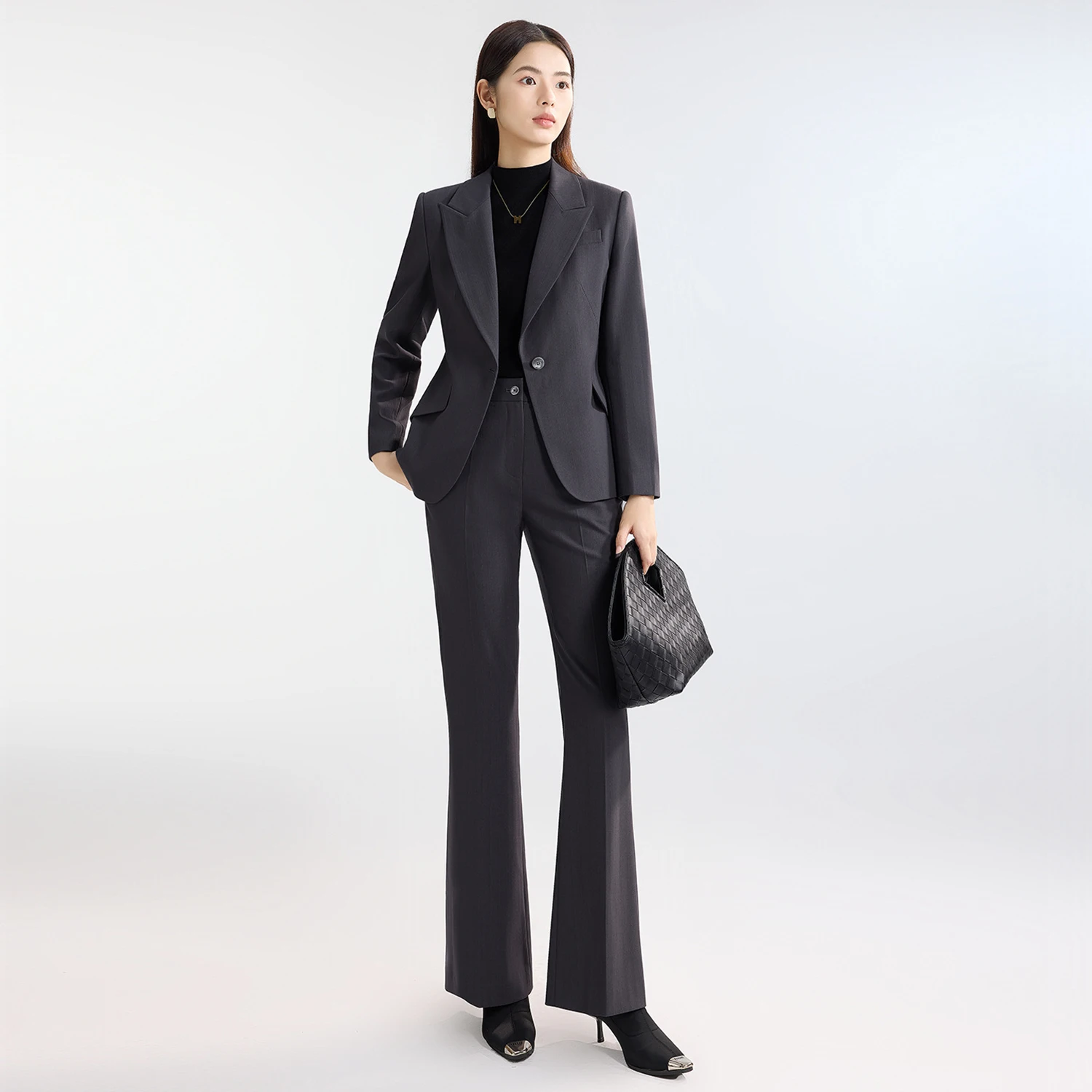 Allingentle Grey Women's Suit Slim Fit Pantsuit 2 Piece Suit 1-Button Blazer Wide-Leg Pants for Casual Office Customize