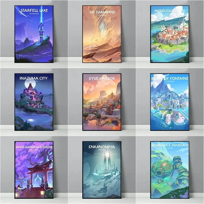 شعبية Genshin تأثير لعبة خريطة المشهد الملصقات الطباعة قماش اللوحة الزخرفية غرفة المعيشة غرفة نوم جدار ديكور فني للمنزل #1