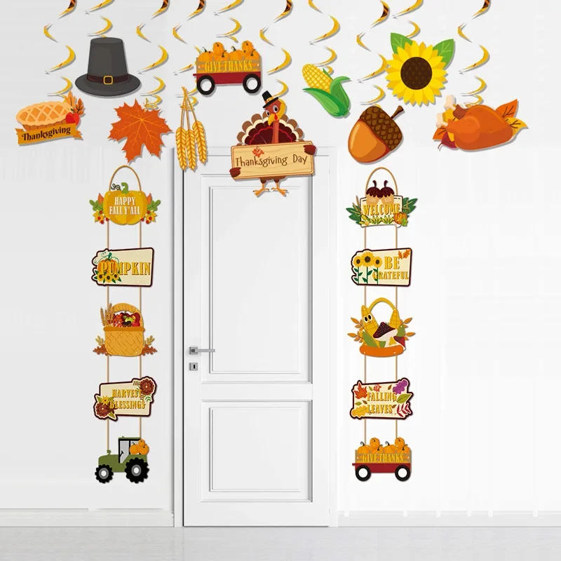 Thanksgiving Theme Decorations Give Happy Door Hanging Letter Banner Turkey Cake Topper Maple Leaf Garland Party Decoration