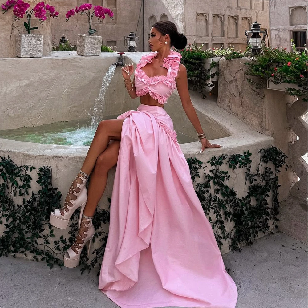 

Elegant Pink Ruffled Satin Summer Dresses High Slit Long Women's Special Occasion Outfit Two Pieces Taffeta Puffy Prom Gowns