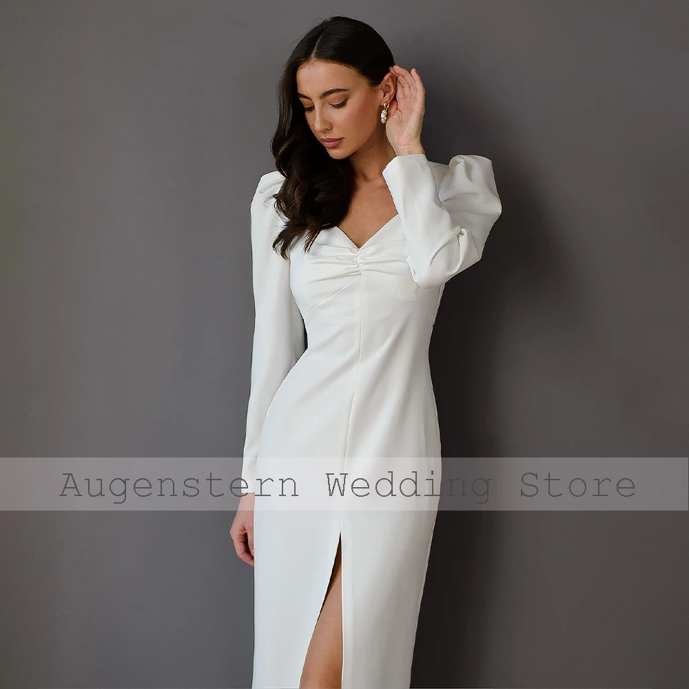 Column Wedding Dress Midi V Neck Long Sleeves Tea Length Short Wedding Gowns White Ruched Simple Bridal Dresses for Women 2024