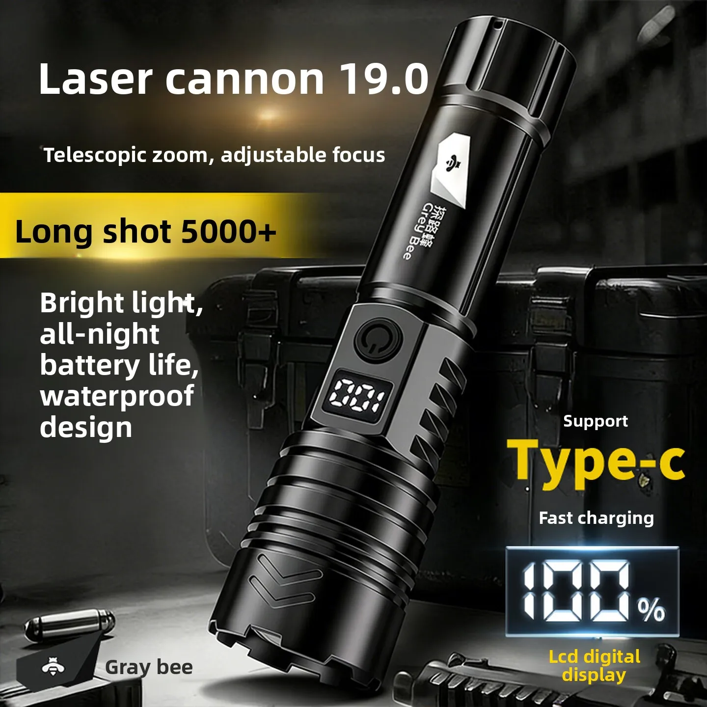 Rechargeable LED Flashlight with Telescopic Zoom, LCD Display, Bright Long Range Beam, USB C Fast Charging and Splash Resistance