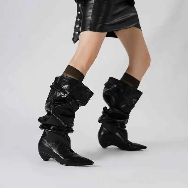 Women Genuine Sheepskin Slouch Mid Calf Boots Pointed Block Heel Buckle Strap Fold Over Black Off White Single Fleece LinedF59 view 6
