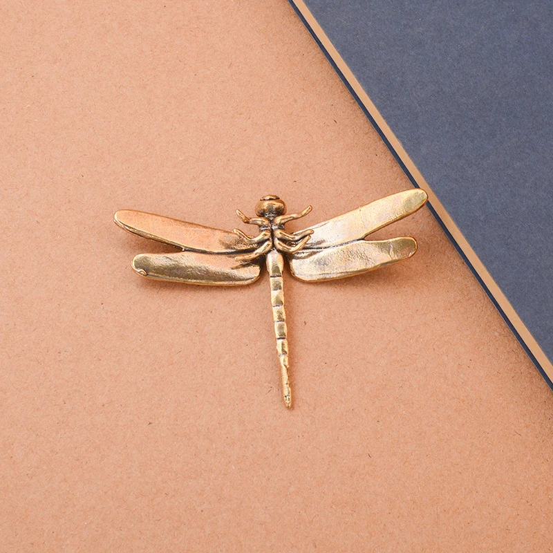 Antique Brass Dragonfly Miniature Insect Figurine Feng Shui Tea Pet Desk Decor Collectible Simulation Artwork