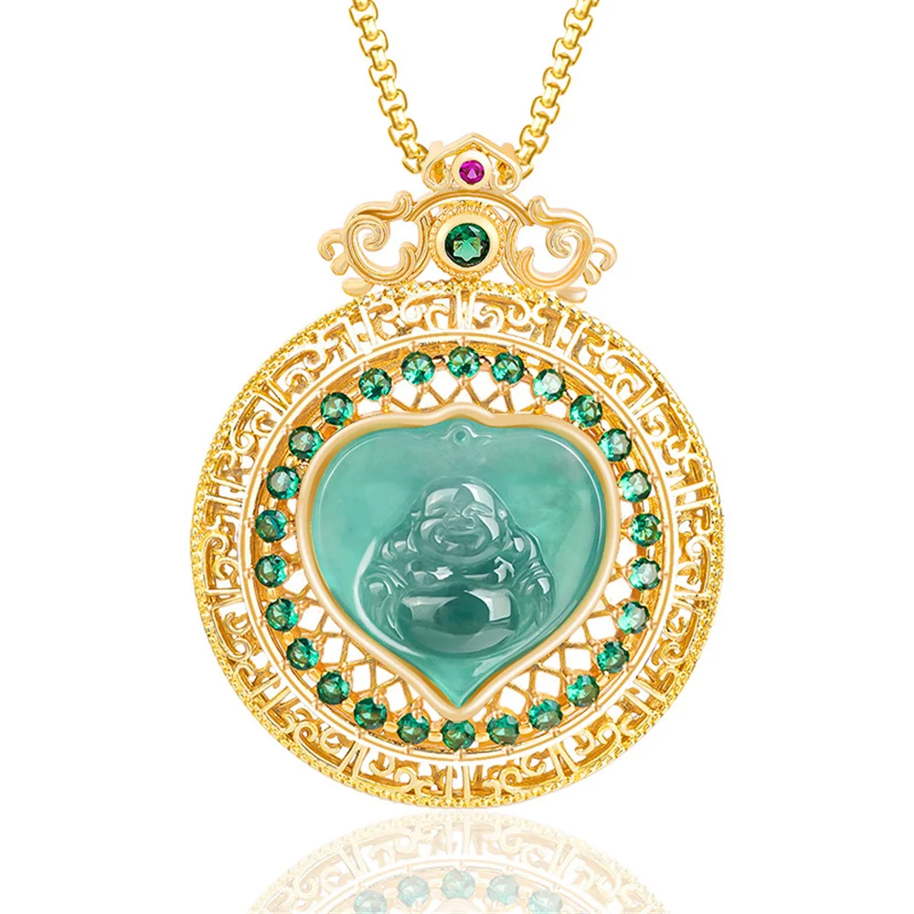 Natural Ice Green Jadeite Carved Heart Buddha Gem Lucky Pendant Gold Plated Amulet Necklace Certificate Luxury Jade Jewelry