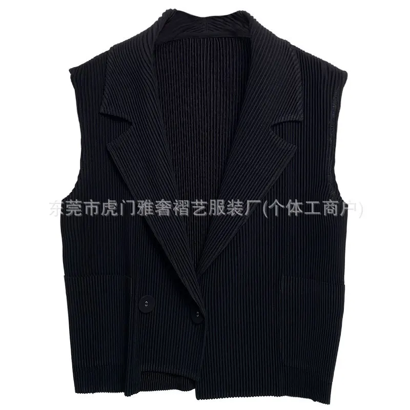 

Плиссированная куртка Miyake, новинка лета 2023, женский жилет, костюм с воротником, плотная пуговица, средней длины, верхняя одежда, складной верхний плащ под давлением