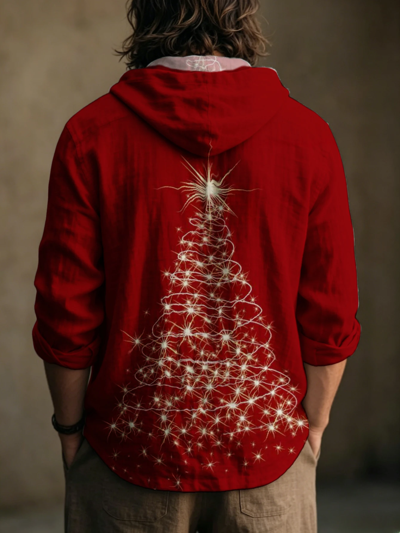 Men Christmas Tree Print Hooded Henley Shirt Long Sleeve Polyester Casual Top