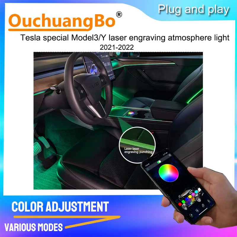 Ouchuangbo LED Ambient Light For Tesla Model 3 Y 2019-2023 Atmosphere Lamp Interior Lighting Ambiental Backlight Luminous Kit