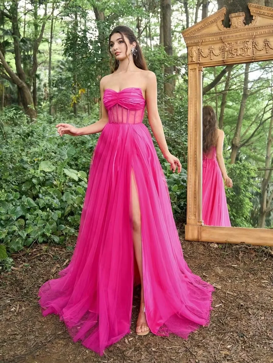 

Customized Women's A-line Prom Dreess Sweetheart Strapless Long Graduation Dress Tulle Backless Lace up Party Evening Gowns