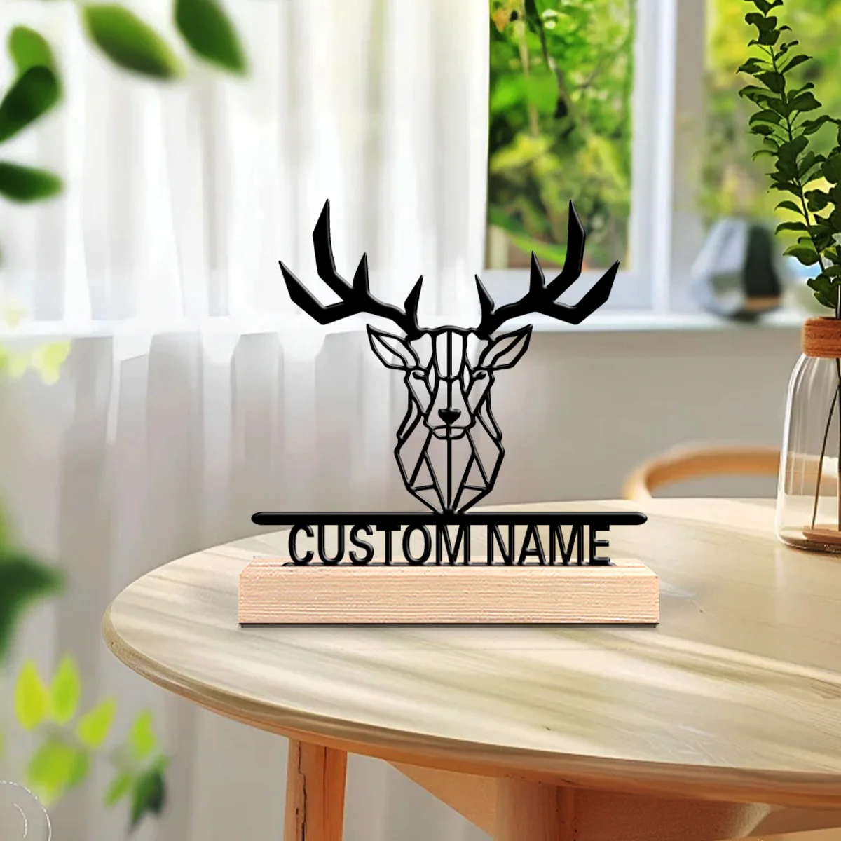 1pc Creative Elk Customizable Name Metal Statue With Wood Base Handicraft With Wood Base Tin Statue For Office Room Decor