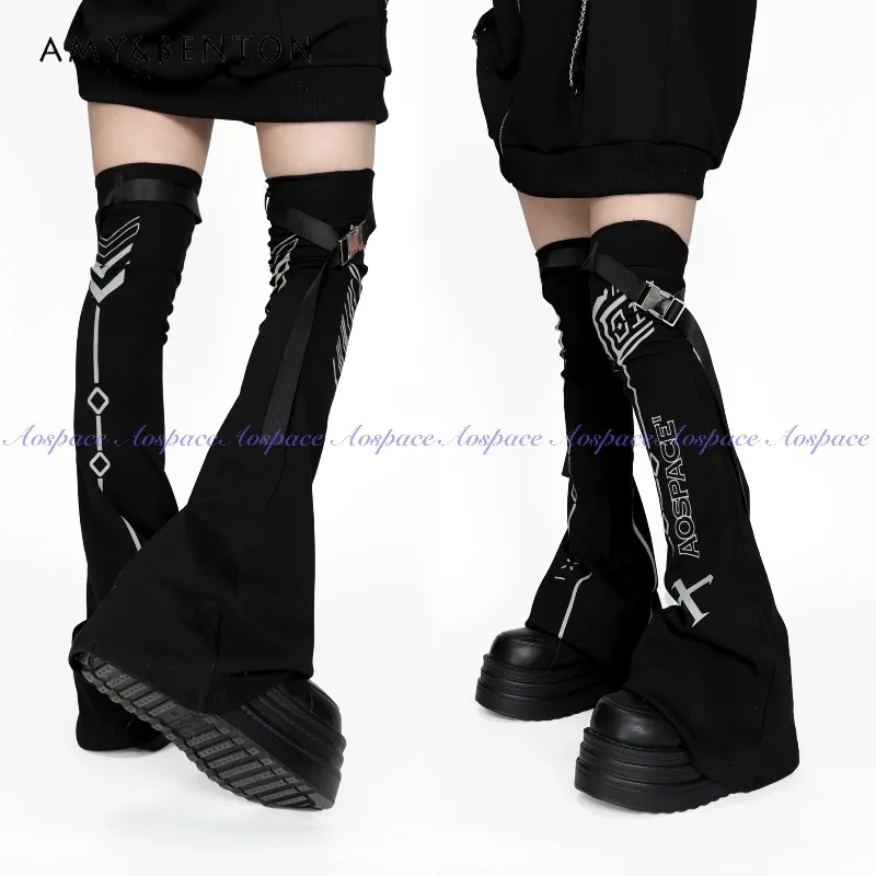 Japanese Harajuku Style Gothic Print Button Dark Subculture Leg Warmers Street Punk Slim Over-the-Knee Socks Versatile Y2K Socks
