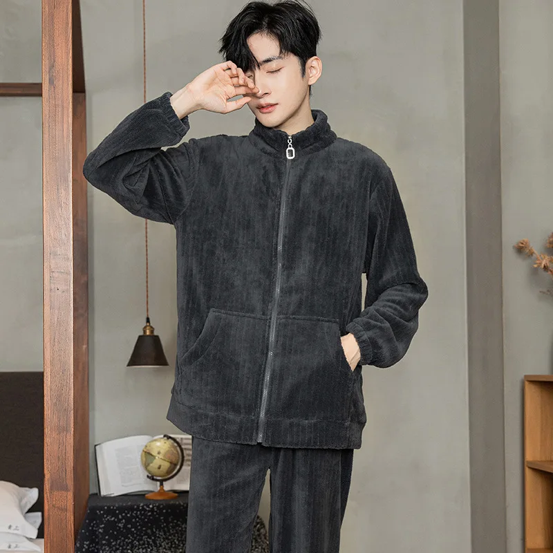 Can Wear Pajamas Men Autumn Winter Flannel Thick Stand Collar Zipper Coral Velvet Pajamas Pajama Pants  Set Men\'s Home Wear