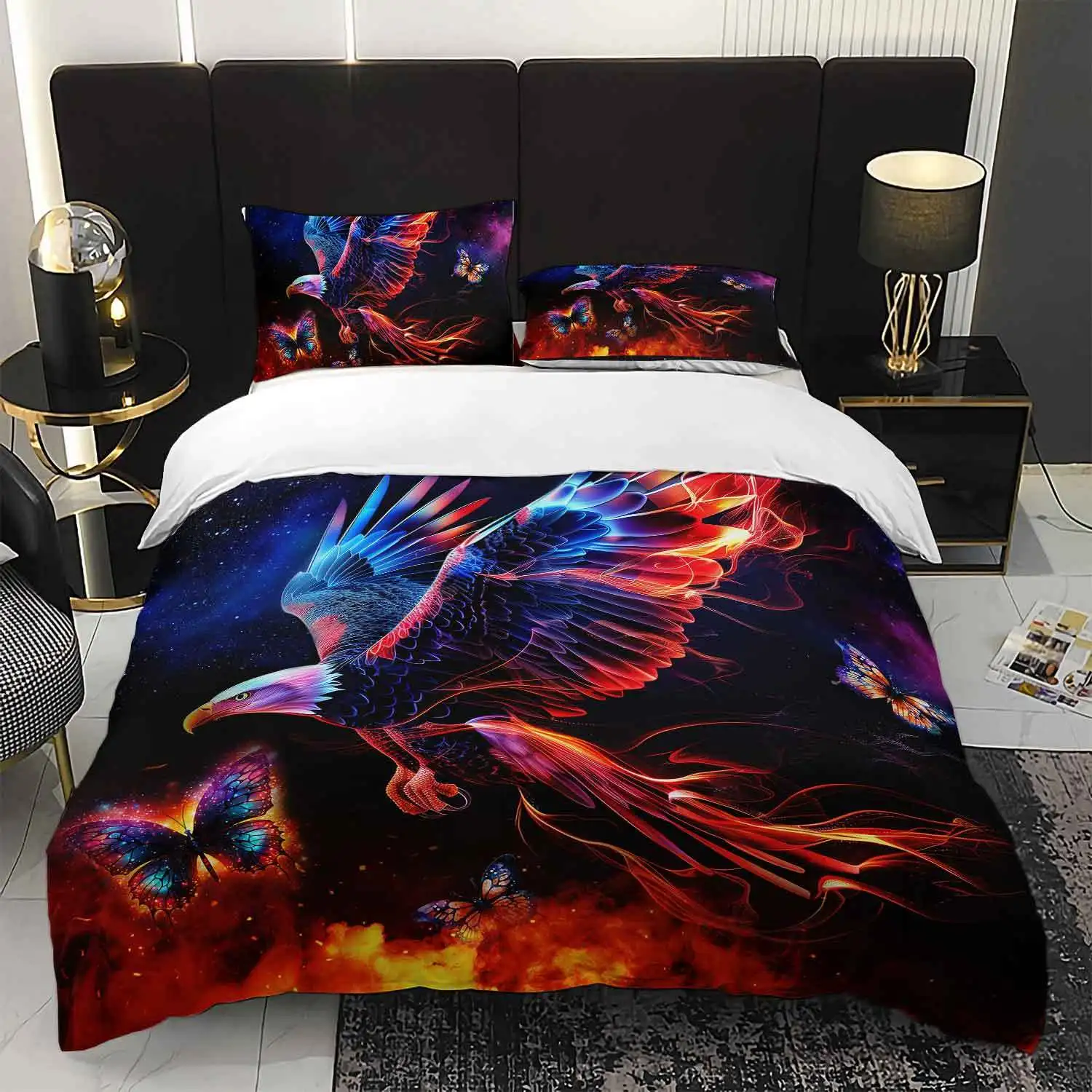 

3pcs Fiery Eagle & Butterfly Bedding Duvet Cover Set Eagle Butterfly Bedding Set Abstract Eagle Themed Bed Quilt Set for galaxy