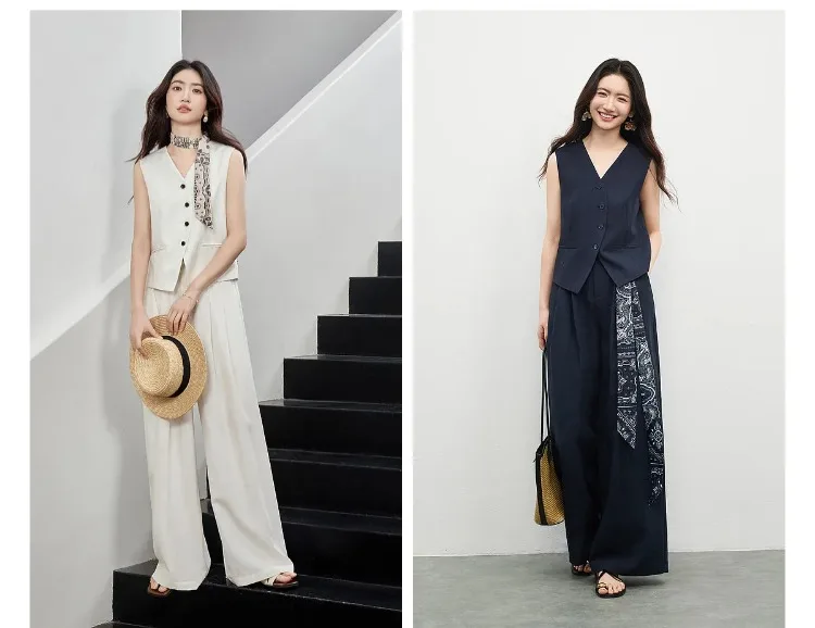 SENTUBILA Office 2 Piece Pant Set 2026 Women Linen Blend Summer Suit V Neck Waistcoat Wide Leg Baggy Pant Print Scarf 162ZA5663Z