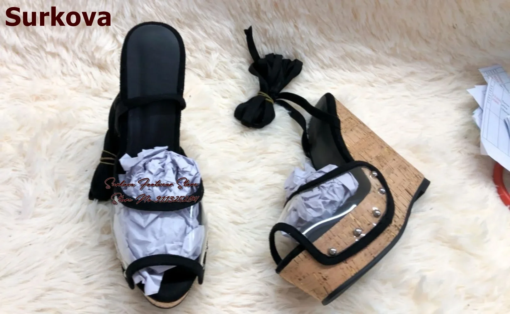 Surkova 나무 패턴 웨지 힐 샌들, 투명 PVC 패치워크 레이스업 원피스 슈즈, 하이 플랫폼 오픈 토 연회 펌프