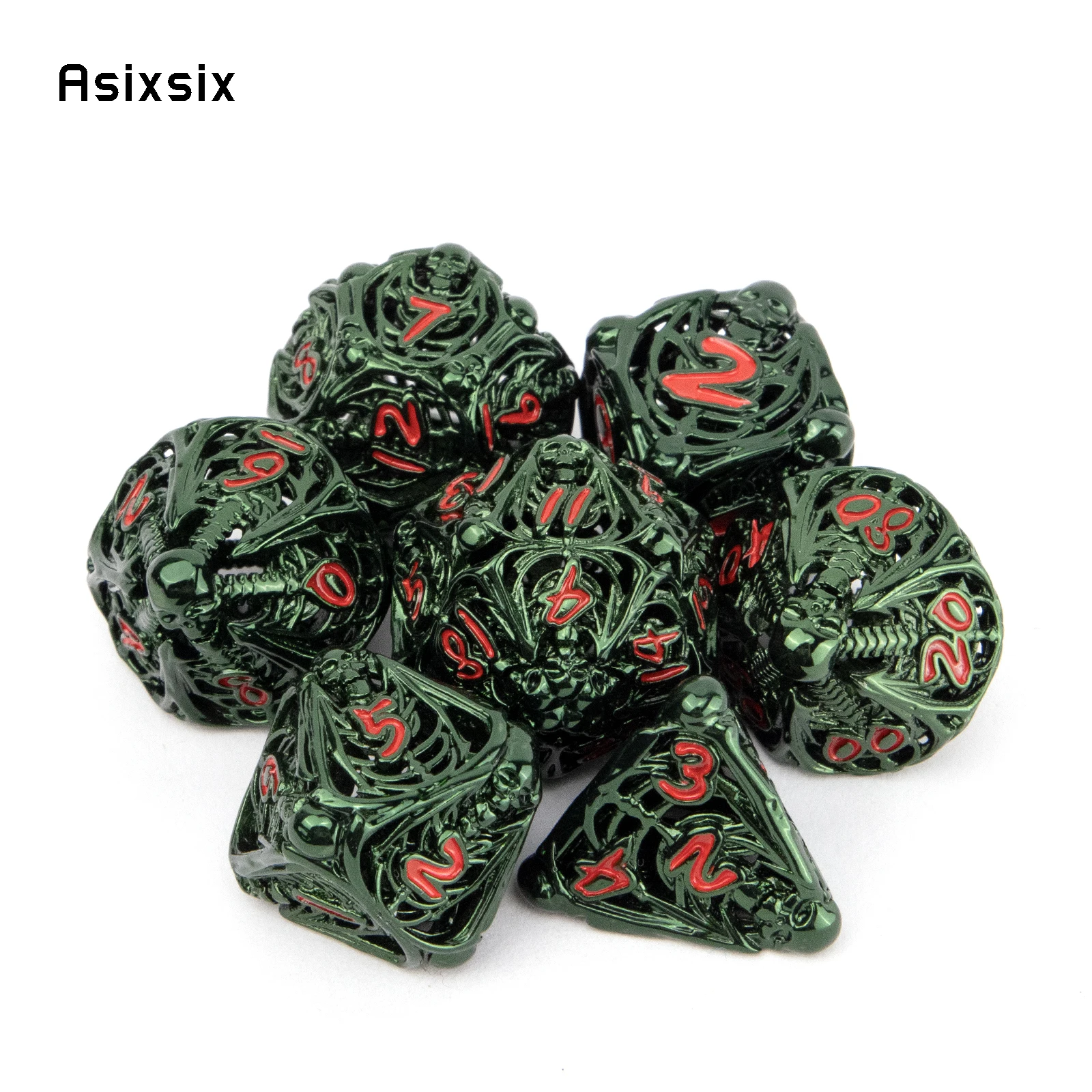 

7 Pcs Green Red Skull Metal Dice Hollow Metal Polyhedral Dice Set Suitable for Role-Playing RPG Board Game Card Game