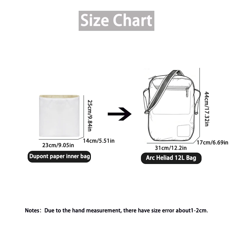 EverToner Bag Insert Organizer For Arc Heliad 12L Bag Dupont paper Ultra Lightweight Pouch Support Handbag Insert Bag Accessorie