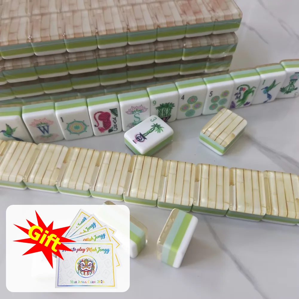 Hot Bamboo Pattern Mahjong Tiles 4-Layer Acrylic American Mahjong Set Travel Mah Jongg Sets for Party Board Games Birthday Gifts
