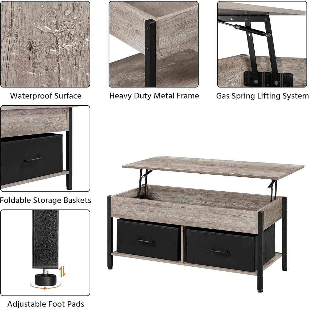 Lift-top Coffee Table with 2 Fabric Baskets & Hidden Storage Compartment, Raisable Top Coffee Table Industrial Center Table