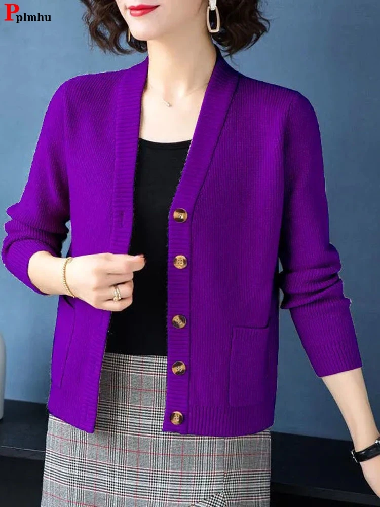 

Vintage V-neck Knit Cardigan Solid Color Soft Knitwears Coat Elegant Woman Knitted Jackets Long Sleeve New Woman Malhas Abrigo