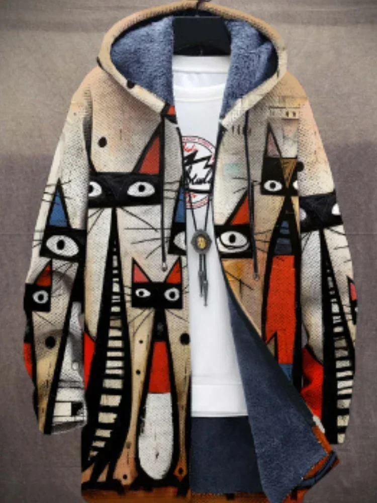 Men Cardigans Coats Cozy Art Cats Kitty Graphics Printed Mid Fleece Plush Thick Winter Casual Streetwear Unisex Clothing