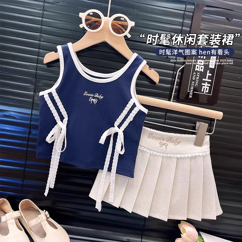 

Girls' Summer Vest and Short Skirt Set, Baby Girl's Lace Bow Strap Dress, Children's Pleated Skirt Two-Piece Set