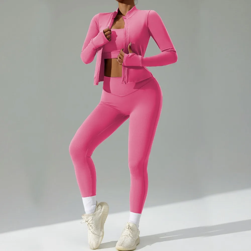 Seamless Tight Yoga Suit Women's Cardigan Running Sportswear Set Quick-Dry Gym Fitness Outfit Three-Piece or Two Tracksuit Sets