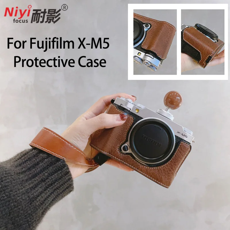 Camera Case for Fujifilm X-M5 Retro Leather Camera Bag Half Base Body Case Fuji XM5 Wrist Strap Anti-slip Outdoor Portable