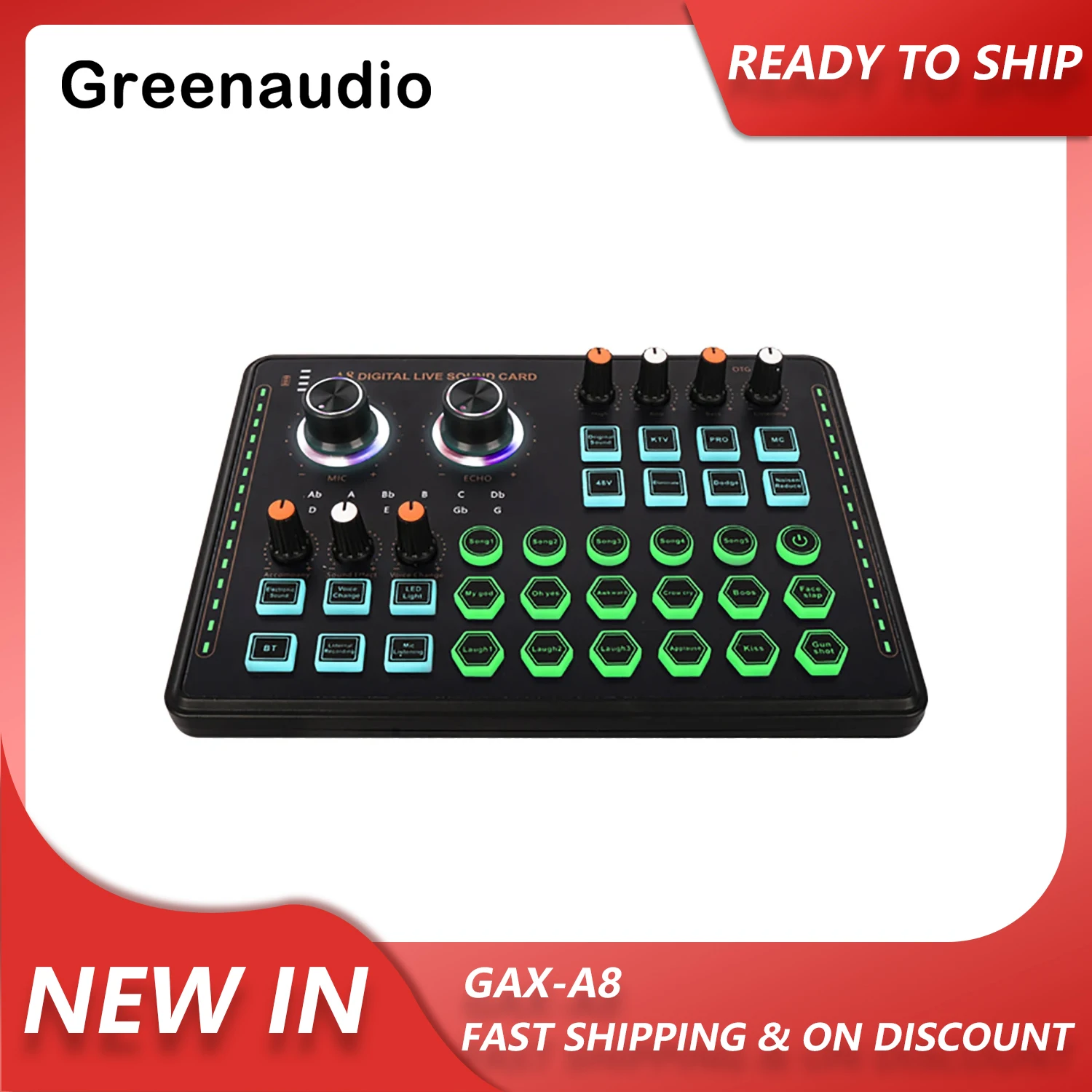 GAX-A8 Digital Live Sound Card Supports 48V Live Audio USB External Computer Mobile Phone Singing Recording Soundcard Mini Mixer