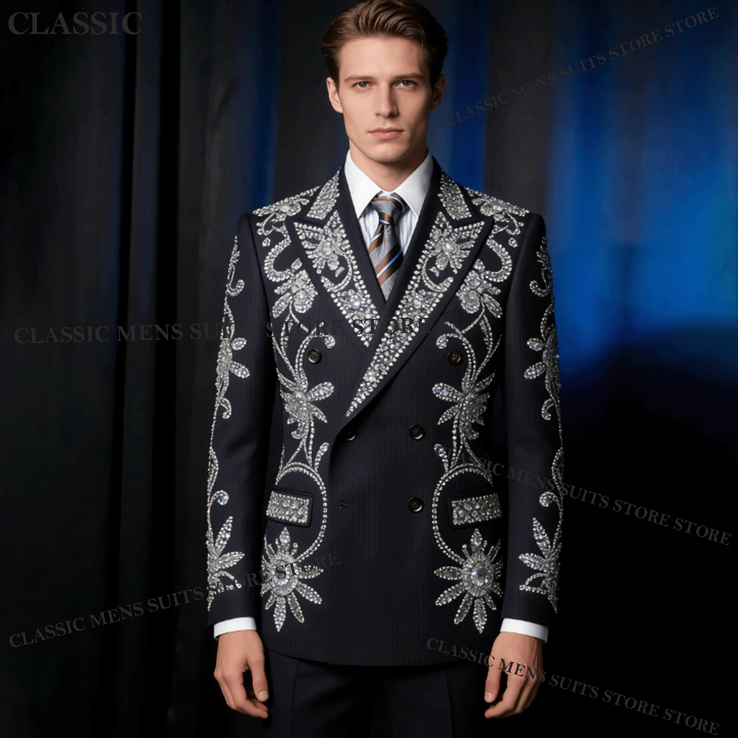Customized Jewelry Embroidery For Men Suit Handsome Sequin 2 Pieces Groom Male Blazers Ropa hombre Sparkly Slim Wedding Tuxedos
