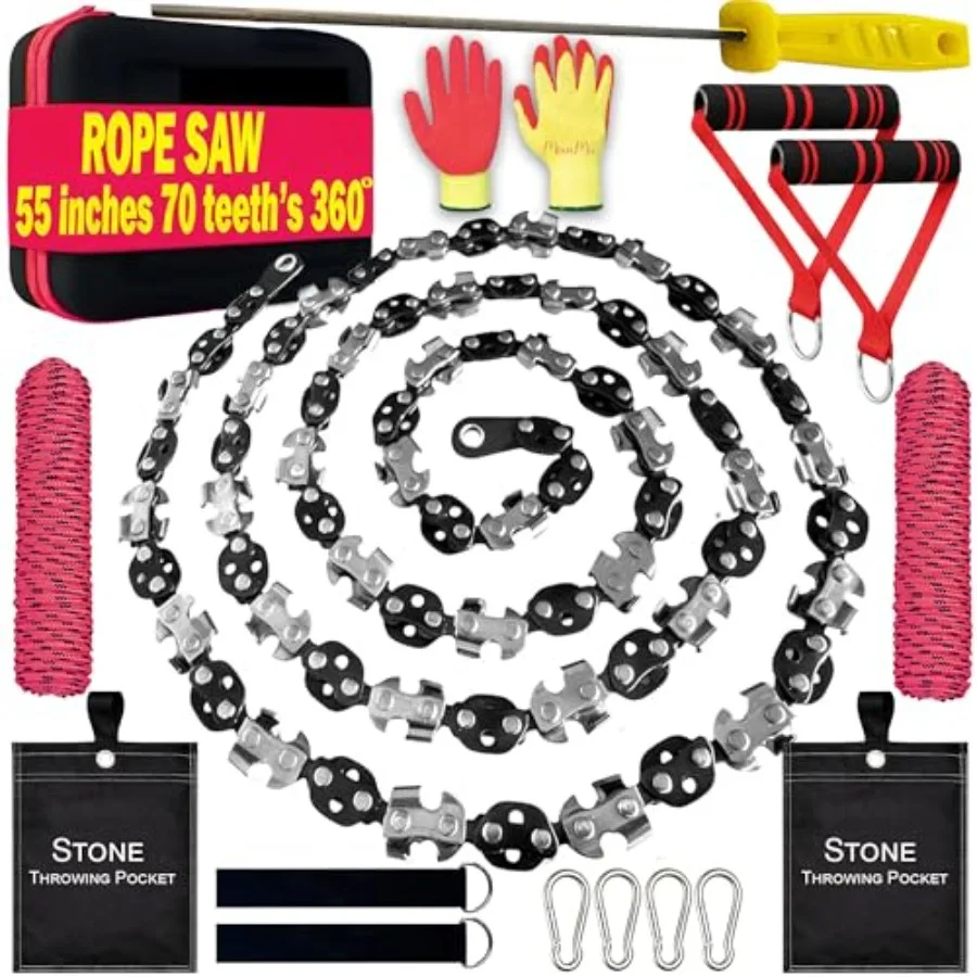 

55 Inch High Limb Rope Saw Dual Sided Pocket Chainsaw with 70 Sharp Teeth 360° Rope Tree Saw High Limb Tool with Storage Box fo