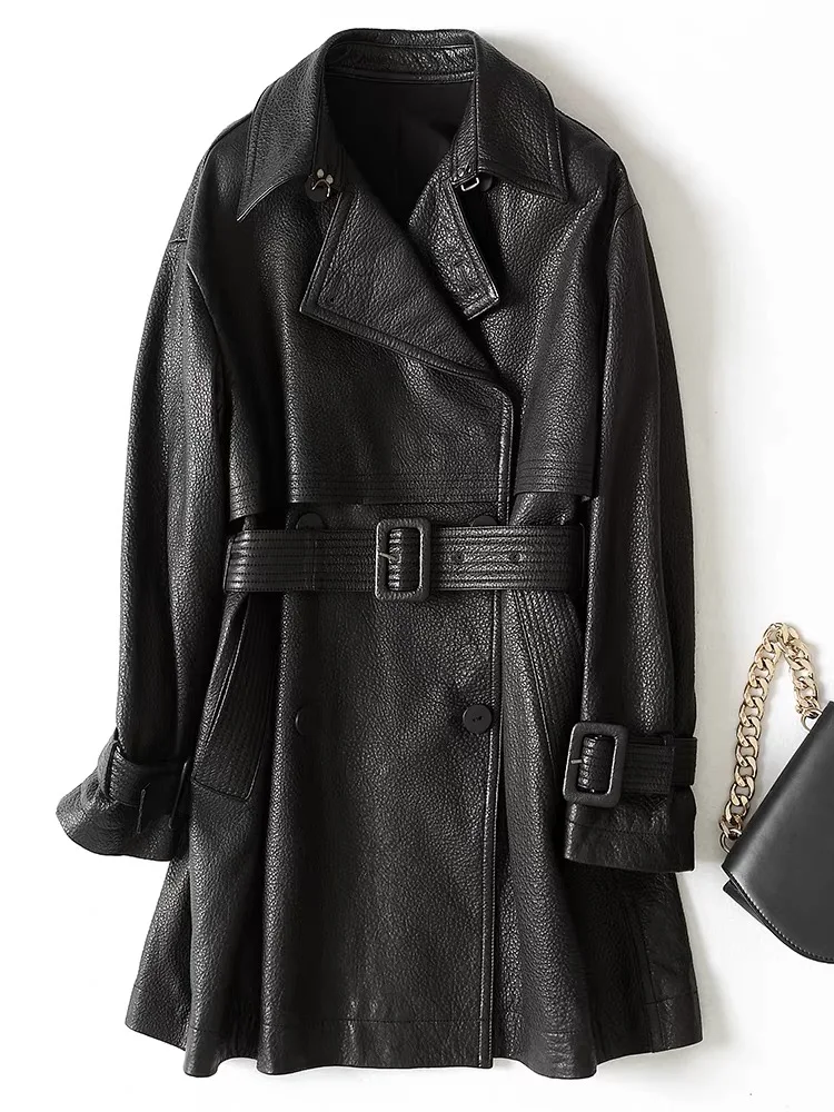 سترة واقية كلاسيكية مستوردة من الجلد للنساء شتاء 100% معطف متوسط الطول من جلد الغنم مع حزام Sobretudo Feminino طية صدر السترة