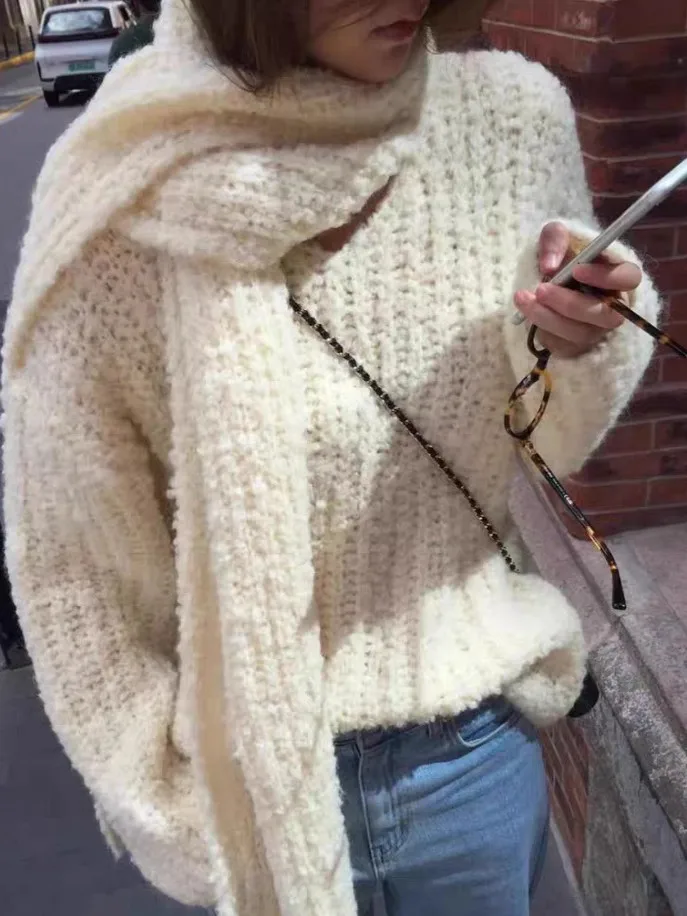 

Autumn Winter Soft Cozy V-Ne Loose Knitted Sweater Outerwear Design Sense Two-Piece Set Scarf Included Comfortable Top