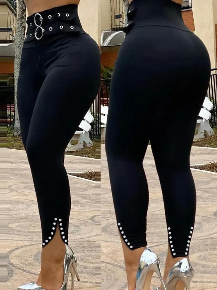 

BKLD New Fashion Split Leg Hem Beading High Waist Pencil Pants 2026 Autumn Women Clothing Party Clubwear Casual Trousers
