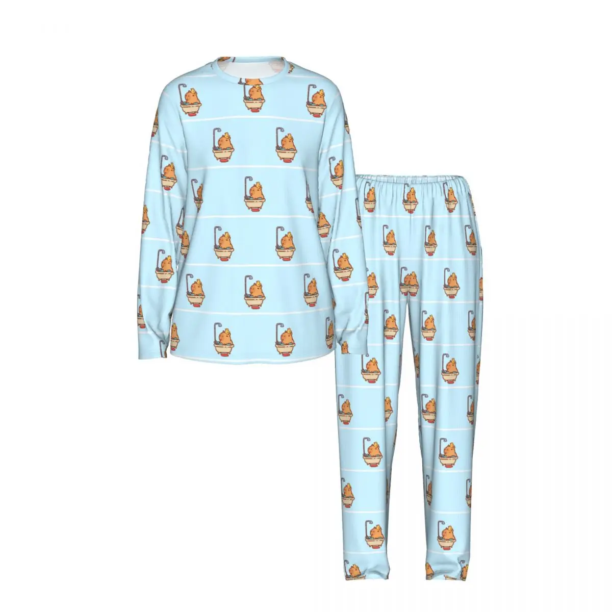 Capybara Round Neck Long Sleeve Nightgowns for Sleeping Sleepshirts Women Soft Pajama Set Long Pants 4