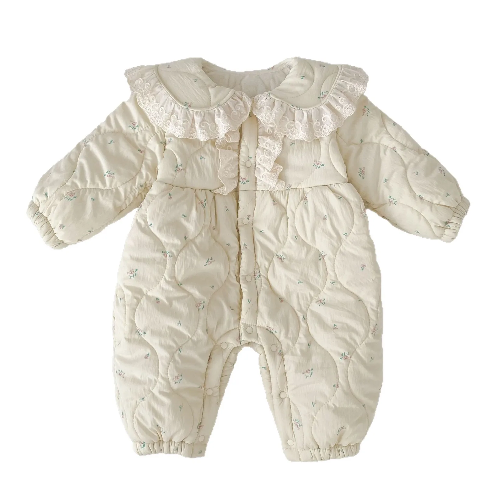 Zimowy kombinezon dla niemowląt z długim rękawem i kwiatowym wzorem, ocieplany pluszem, gruby pajacyk dla noworodków i małych dziewczynek, ciepłe ubranka z klapami, 2025