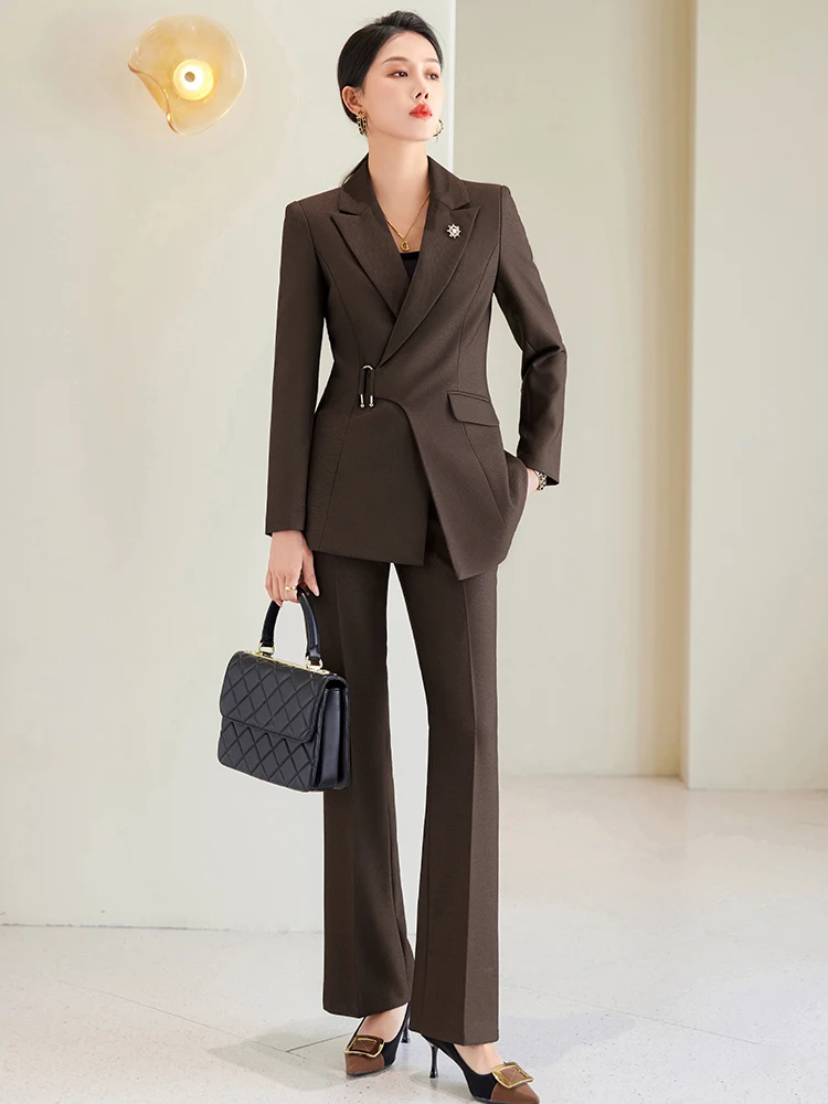 Brown Navy Black Ladies Formal Pant Suit donna giacca e pantaloni donna Business Work Wear 2 pezzi Blazer Set per l\'autunno primavera