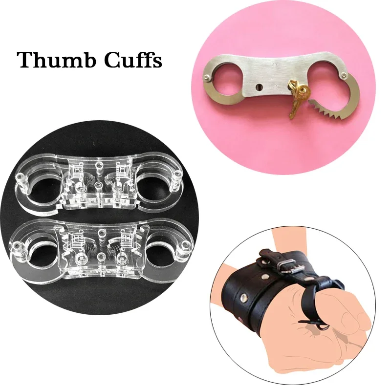 Stainless Steel&Crystal&Faux Leather Thumb Finger Gear Cuffs Lockable BDSM Toe Hand Slave Restraint Torture Adult Sex Toys