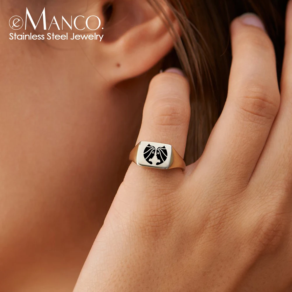 

eManco New Women Engraving Message Jewelry Minimalist Letter Word Suqare Stainless Steel Ring Water Resistant Rings Wholesale
