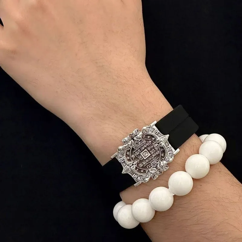 Trendy Taoist Magnetic Buckle Wristband, Retro Shan Gui Coin Pixiu Year of Dragon Light Luxury Chinese Fashion Bracelet