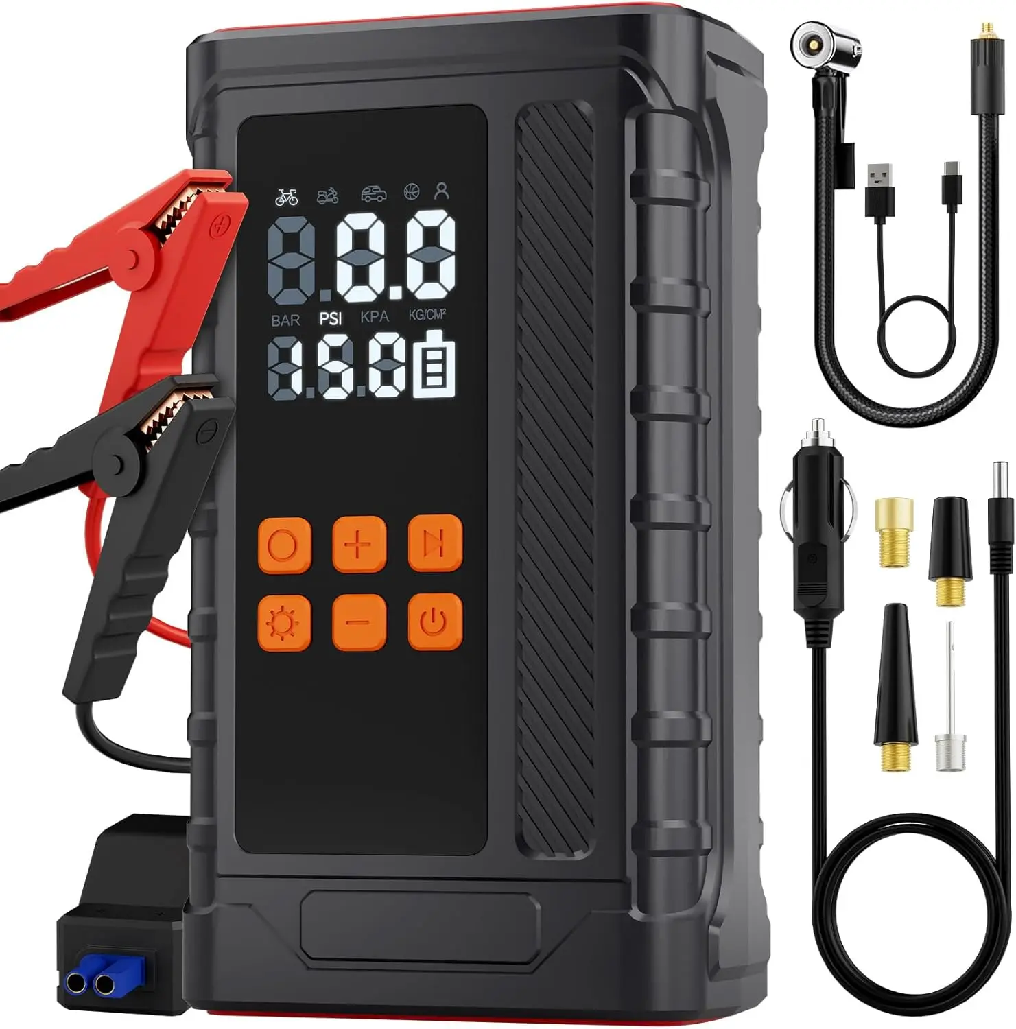 

Portable Car Emergency Starter with Air Compressor, 14.8v 2000*4mah Battery Booster, Mobile Power Bank and LED Flashlight