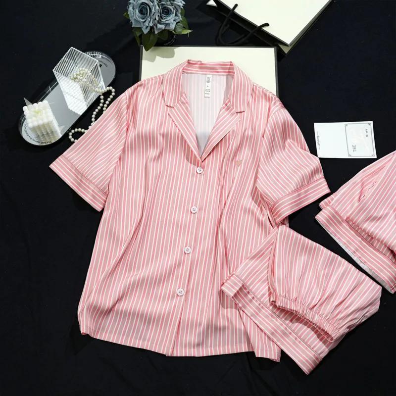 2024 Autumn Three Piece Ice Silk Pajama Women Short Sleeve Set Pink Striped Luxury Fashion Elegant Nightgown High End Chic Suit