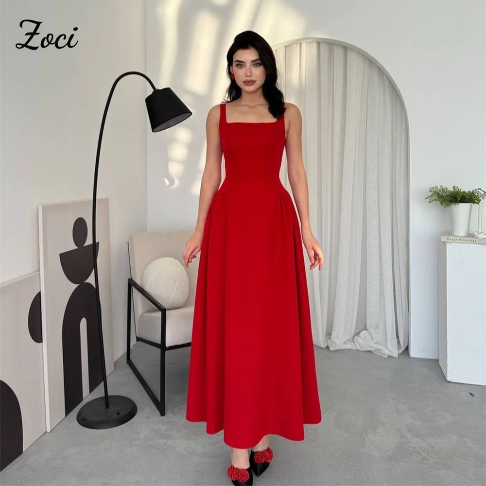 

Zoci Square Collar Red A Line Prom Dresses Wide Strap Draped Crepe Wedding Party Gown Customized Ankle Length vestidos de festa