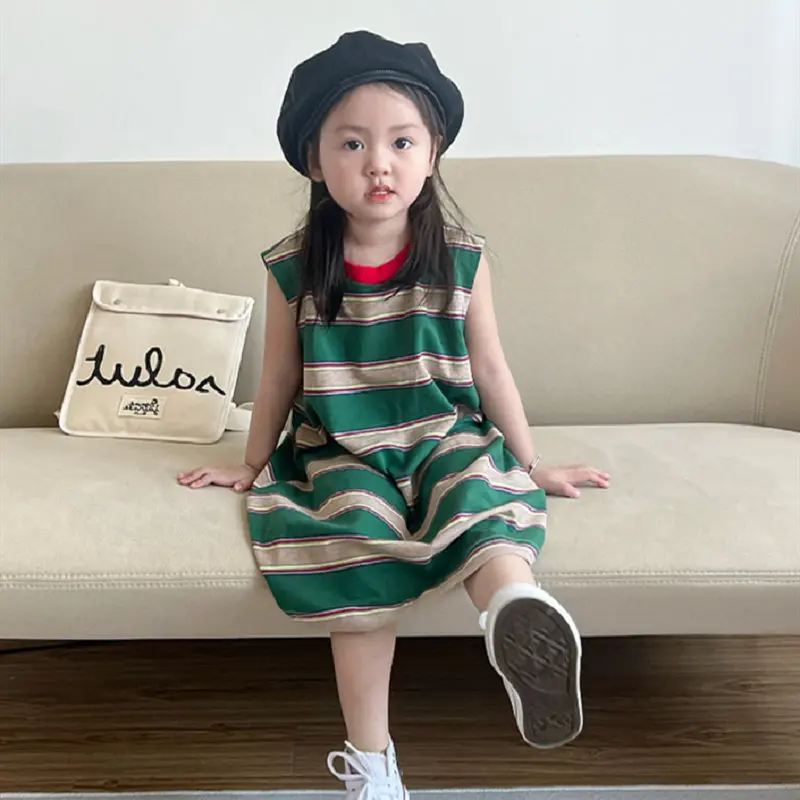 

Girls Clothes Sleeveless Dress Kids Clothes Contrast Color Striped O-neck 2023 Summer Autumn New Sweet Cotton Cute Fashion