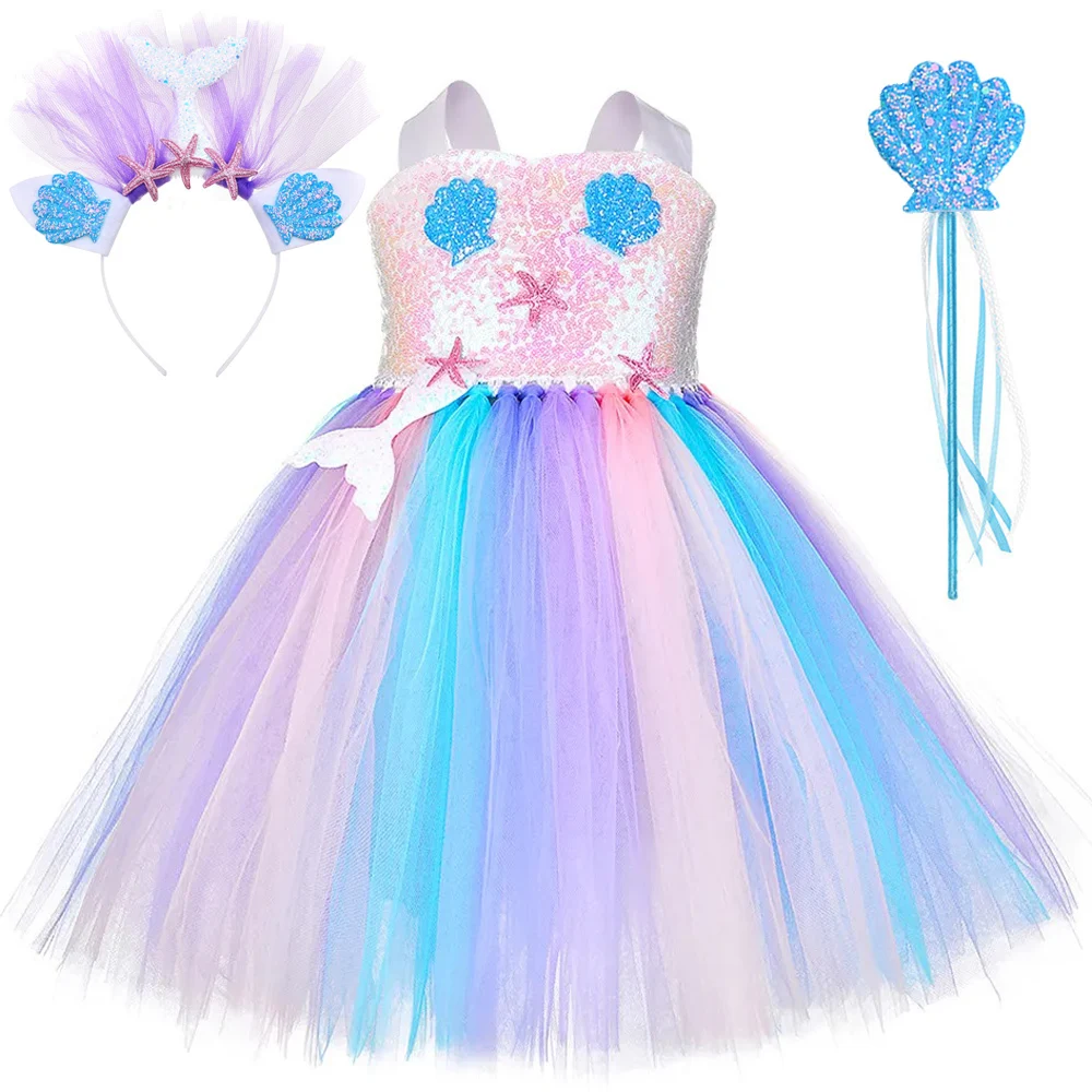 Sequins Mermaid Princess Dresses for Birthday Party Ballet Tutus Outfit for Girls Halloween Christmas Costumes with Hairbow Wand