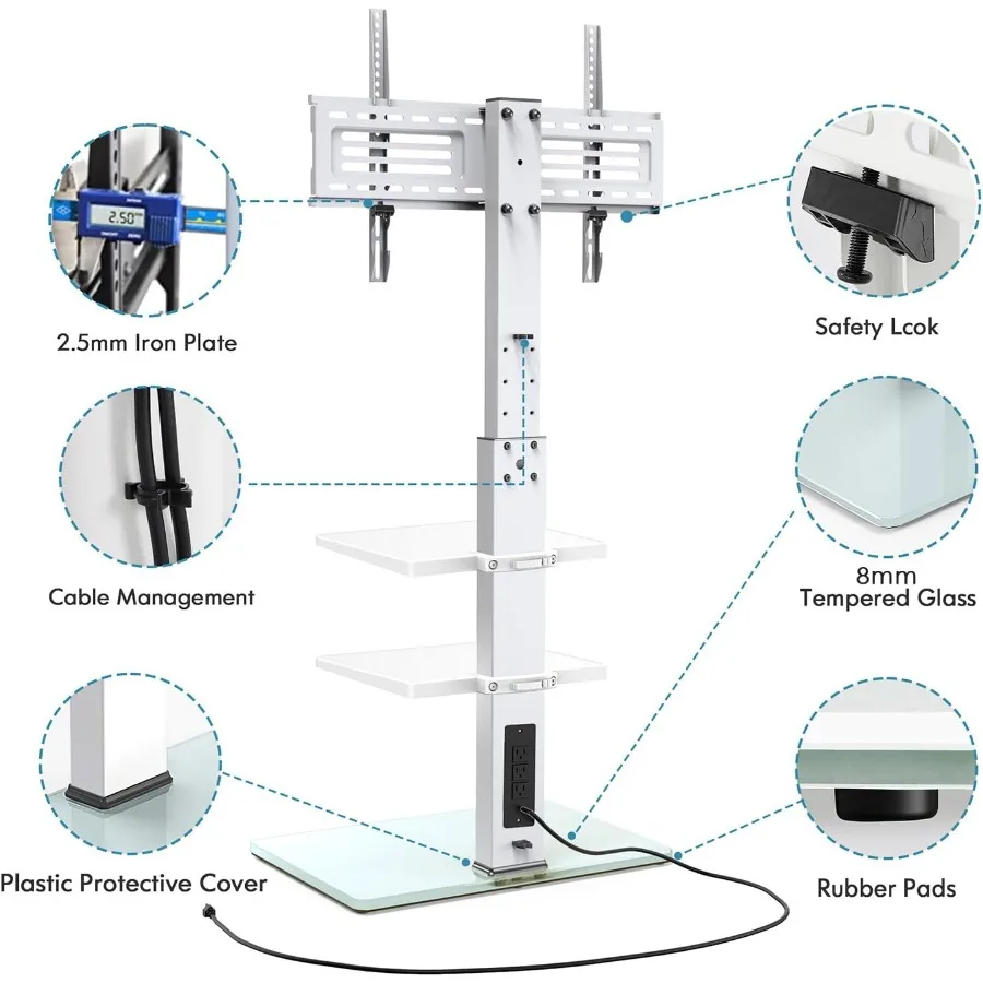 حامل تلفزيون طويل القامة لأجهزة التلفاز مقاس 3275 بوصة مع مخرج طاقة مدمج وقاعدة من الزجاج المقسى مثالية للاستخدام في غرفة النوم وغرفة المعيشة #6