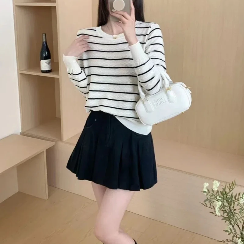 

Striped Spring and Autumn Women's 2024 New Splicing Pullovers O-Neck Loose Fashion Casual Versatile Knitted Long Sleeve Tops