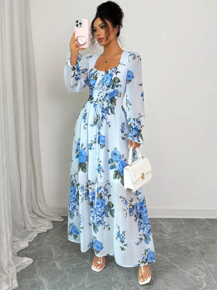 

New Autumn Elegant Casual Floral Print Long Sleeved Dress Chic Party Long Dresses Female Fashion Temperament Vestidos Para Mujer