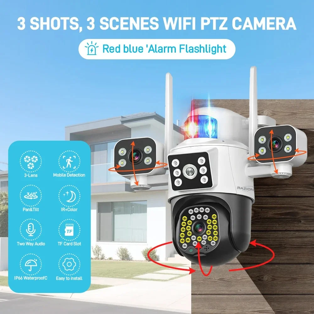 8K 15MP UHD Outdoor WiFi IP-Kamera Drei Linsen Drei Bildschirme 360 °   10-fach-Zoom-PTZ-Sicherheitskamera mit automatischer Verfolgung, kabellose Überwachungskamera RZ380, Onvif, Zwei-Wege-Audio,